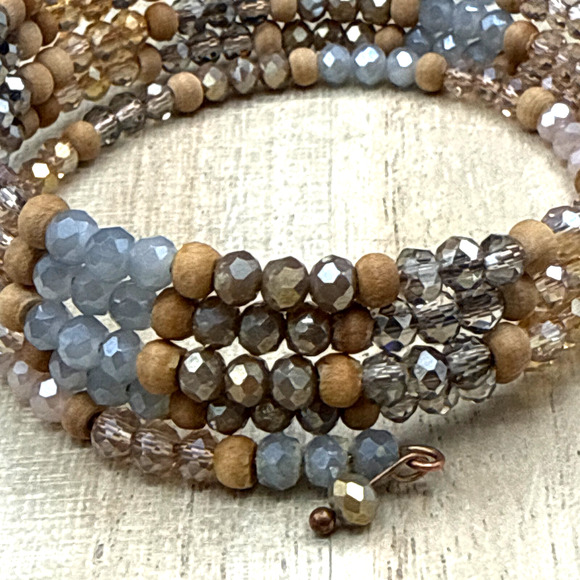 Glass Bead Bracelet 27" Wire Wrap Tan Gray Gunmetal Faceted Rondels Boho Bangle - Picture 2 of 6